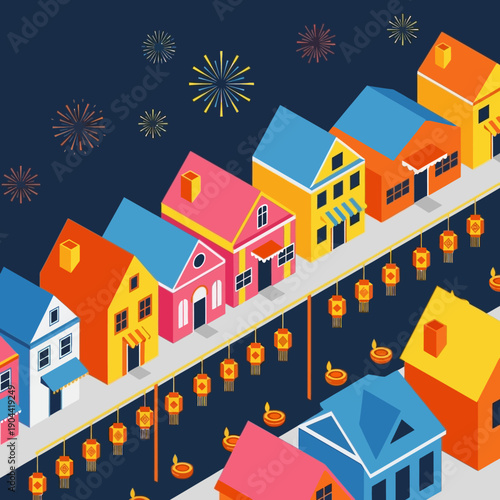 Colorful houses on a floating street with fireworks in the background.