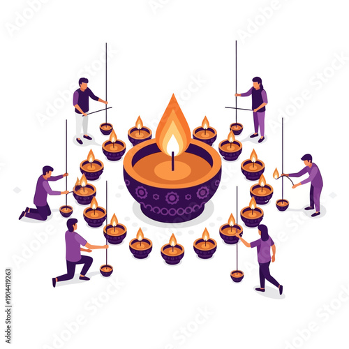 People gathering around a large Diwali diya with lit candles.