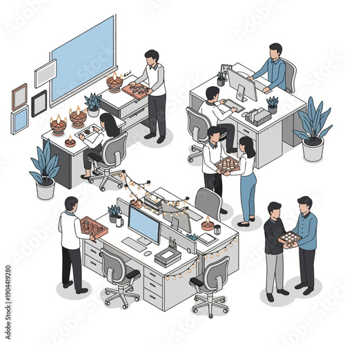 Office workers collaborating and delivering documents in a modern workspace.