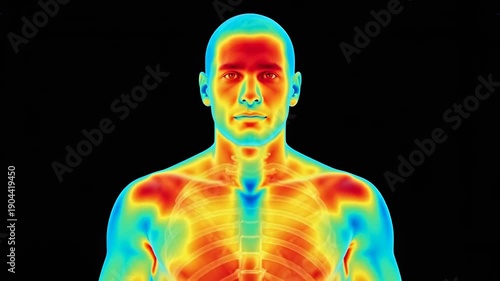 Thermal Imaging Scan of Male Human Body Showing Heat Map and Anatomy