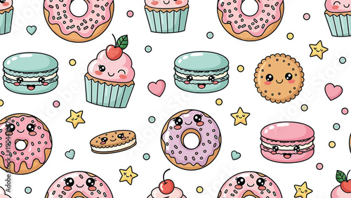 A charming pattern features delightful cartoon desserts like cupcakes donuts macarons and cookies with sweet smiling faces high quality professional detailed modern elegant stylish clean crisp