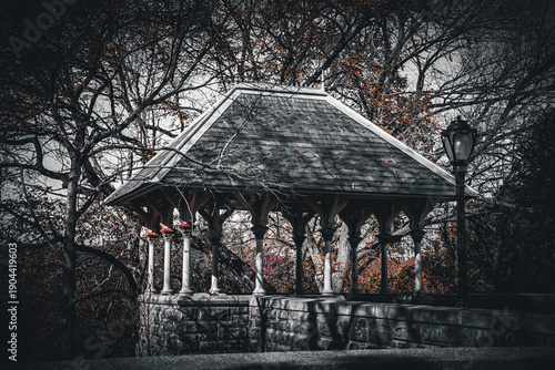 Templete junto al Castillo Belvedere en Central Park, Manhattan, Nueva York. Templete mirador ornamentado como un pequeño palacete. Noviembre de 2019.
