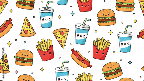 A cheerful pattern showcases various fast foods like pizza burgers hotdogs fries and drinks with cute cartoonish faces high quality professional detailed modern elegant stylish clean