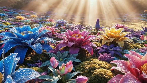 Vibrant Floral Field with Sunlight Rays.