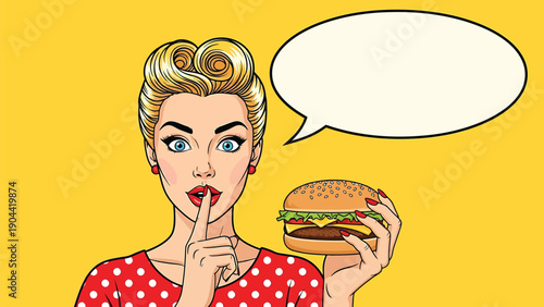 A striking pop art illustration depicts a blonde woman with a finger to her lips suggesting silence against a solid yellow background high quality professional detailed