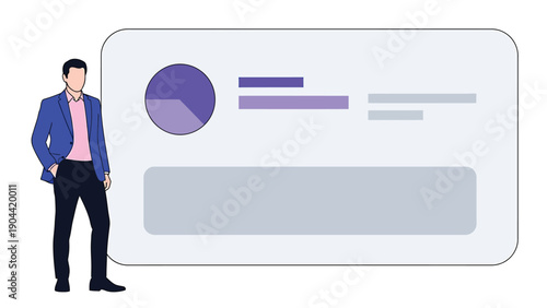 A stylized illustration depicts a man in a business suit standing beside a simplified geometric panel with a purple circle high quality professional detailed modern elegant