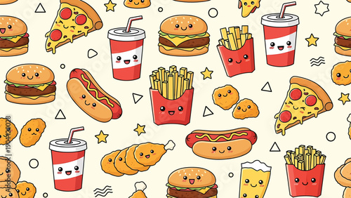 A colorful pattern showcases various fast food items like burgers pizza hotdogs and drinks with adorable cartoonish faces high quality professional detailed modern elegant stylish clean