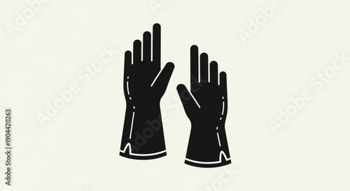 Two black gloves raised up with fingers spread apart on a light background symbolizing protection and gesture