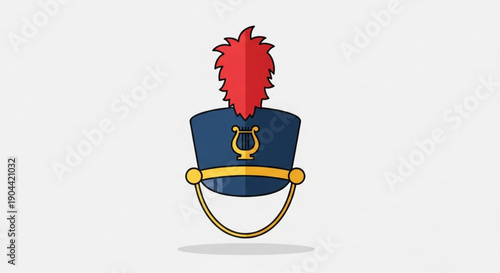 Detailed illustration of a blue military hat with red feather and gold accents on a white background