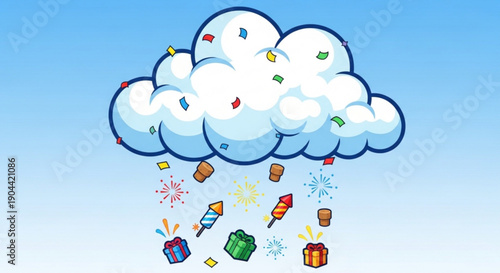 Colorful cartoon cloud raining gifts and fireworks on blue background symbolizing celebration and surprise