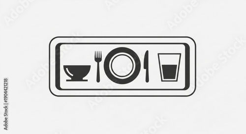 Black and white illustration of a place setting with bowl fork plate knife and glass on a tray