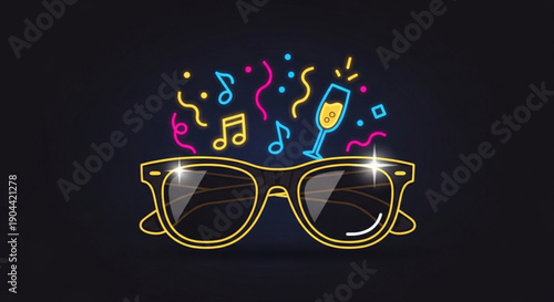 Vibrant sunglasses with colorful party confetti and music notes on black background for celebratory and fun concepts