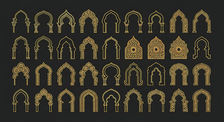golden islamic arches moroccan patterns decorative vector set for ramadan eid and middle eastern graphic design.