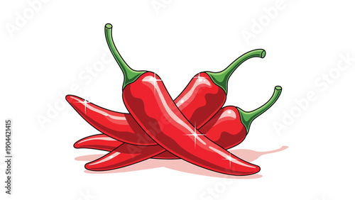 A vibrant illustration depicts three red chili peppers stacked playfully against a clean white background showcasing their curved forms high quality professional detailed modern elegant stylish