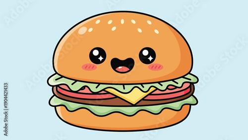 A close up view showcases a cute cartoon hamburger with a smiling face featuring prominent layers of ingredients against a light blue backdrop high quality professional
