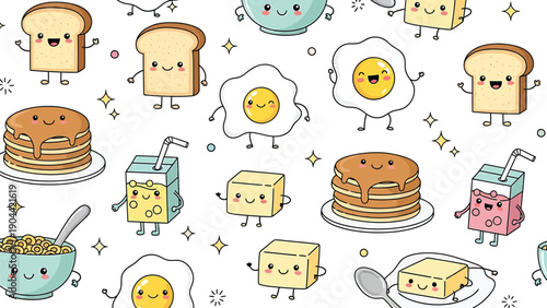 A charming illustration depicts cute anthropomorphic breakfast foods like toast pancakes cereal and eggs with smiling faces high quality professional detailed modern elegant stylish clean crisp