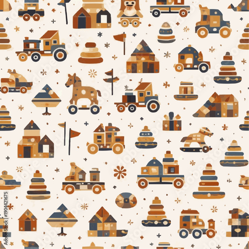 北欧風 小人と木のおもちゃのシームレスパターン｜ナチュラルカラーのキッズデザイン