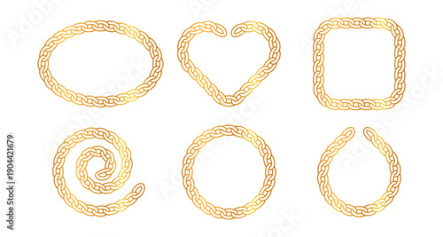Vector set featuring various gold chain link borders and frames, including shapes like a heart, circle, square, oval, spiral, and an open teardrop loop.