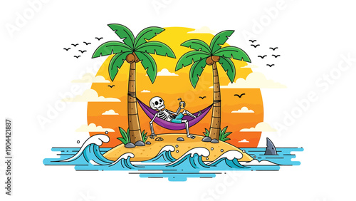 A vibrant illustration depicts a tropical beach scene with a palm tree hammock ocean waves and a serene sunset backdrop high quality professional detailed modern elegant