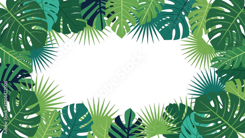 A vibrant and artistic composition showcases various tropical leaves monstera palm and others arranged as a botanical frame high quality professional detailed modern elegant stylish clean