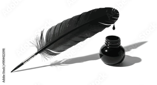 Black quill feather dripping ink into a small open bottle on a white background