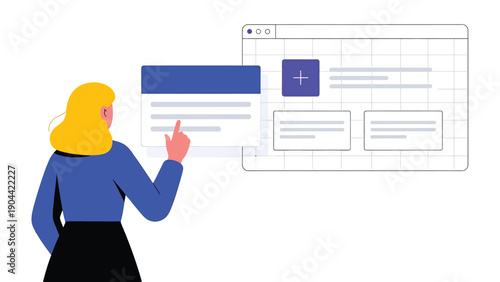 A stylized illustration depicts a woman with blonde hair interacting with a blue digital interface seemingly selecting an option high quality professional detailed modern elegant stylish