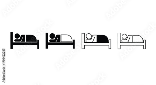 Collection of minimalist icons illustrating a person sleeping soundly in bed in various styles