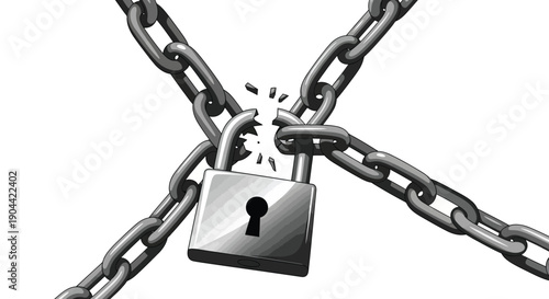 Broken metal chain link secured by a padlock symbolizes freedom from restriction or security failure