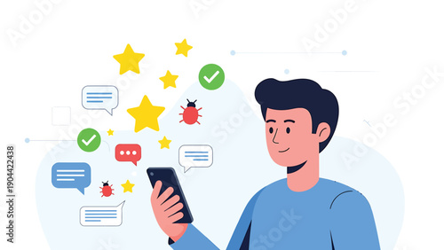 An illustration depicts a smartphone surrounded by messaging bubbles stars a checkmark and a ladybug suggesting digital communication high quality professional detailed modern elegant stylish clean