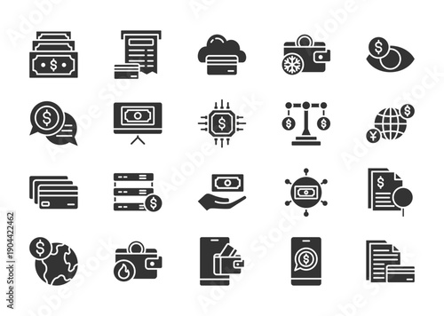 Fintech thin glyph icon set. Containing cash, bill, cloud services, cold wallet, biometric, chat	