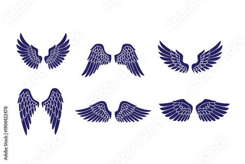 Wings vector set with symmetrical feathered designs. stylized wings in bold silhouette design collection, Clean isolated vector elements illustration template