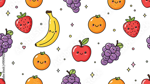 A cheerful arrangement of kawaii style fruits including bananas strawberries grapes oranges and apples floats against a white background high quality professional detailed modern elegant stylish