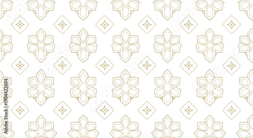 A traditional, modern design featuring a repeating pattern of flowers and diamonds in gold on a white background, with a flat, abstract composition.