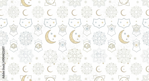 A seamless pattern design featuring gold and white illustrations of crescent moons, stars, lanterns, and flowers on a white background, perfect for Ramadan or traditional Islamic art with a