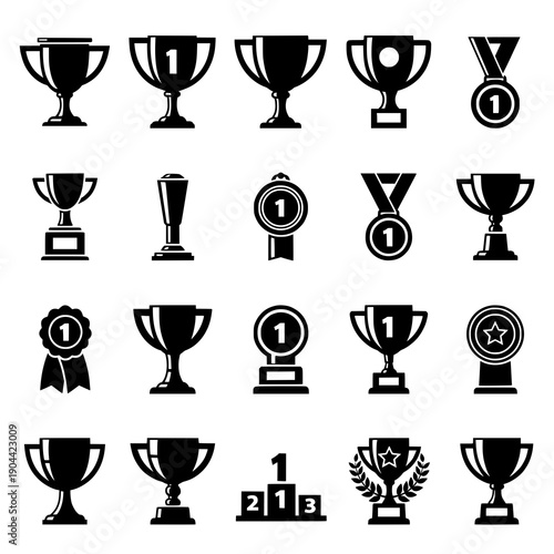 Trophy cup icon silhouette black vector winner award set