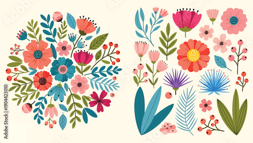 A vibrant circular floral arrangement showcases a variety of stylized blossoms and lush green foliage against a cream background high quality professional detailed modern elegant stylish