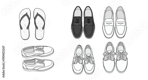 Collection of men's footwear styles viewed from above illustrating diverse shoe choices