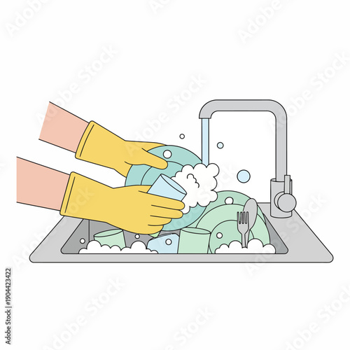 person wearing rubber gloves washing plates and glasses in sink, flat vector illustration