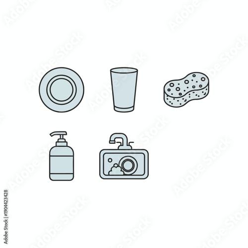 dishwashing icon set including plate, glass, sponge, soap bottle and sink, flat vector illustration