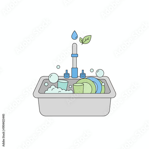 water saving dishwashing concept with faucet, plates and glasses in sink, flat vector illustration
