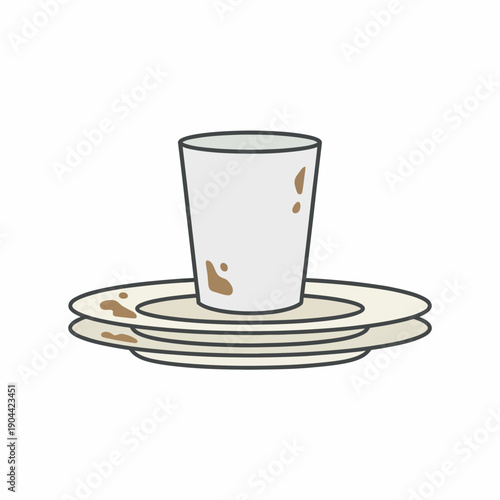 simple stack of plate and glass with small food stains, minimal flat vector illustration