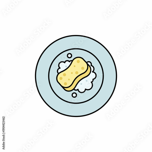 plate with sponge and small soap foam, simple flat vector illustration
