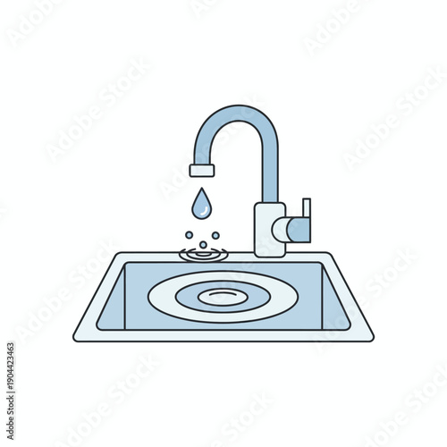 kitchen faucet dripping water over single plate, ultra simple flat vector illustration