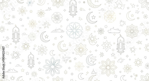 A traditional Ramadan-themed background pattern featuring a delicate design of lanterns, moons, stars, and flowers in a modern, abstract flat illustration style with a subtle color palette.