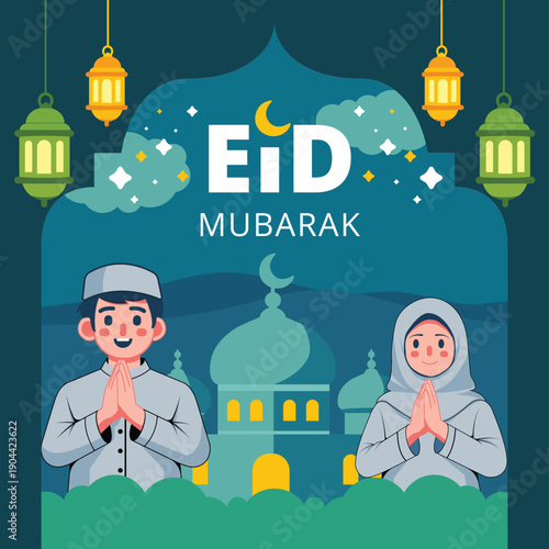 Modern flat Ramadhan background scene with mosque architecture, crescent moon, lantern, and character