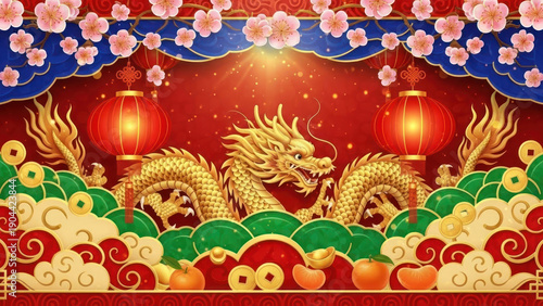 A golden dragon surrounded by lanterns and clouds in a festive setting.