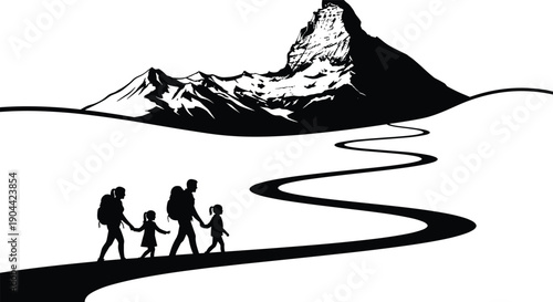 Family Hiking Silhouette on Winding Mountain Path, Parents and Children Trekking Toward Snowy Peak, Outdoor Adventure and Wilderness Travel Concept Art, flavector