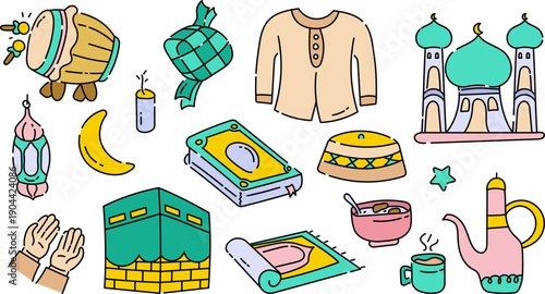 Islamic doodle element. Set of hand drawn symbols and icons for holy Muslim festival ramadan, Eid