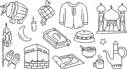 Islamic doodle element Line. Outline Set of hand drawn symbols and icons for holy Muslim festival ramadan, Eid