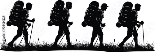 Hiking Group Silhouette, Backpackers Trekking Through Grassland with Walking Poles, Outdoor Adventure and Wilderness Exploration Concept Art for Travel and Mountaineering Projects, flavector